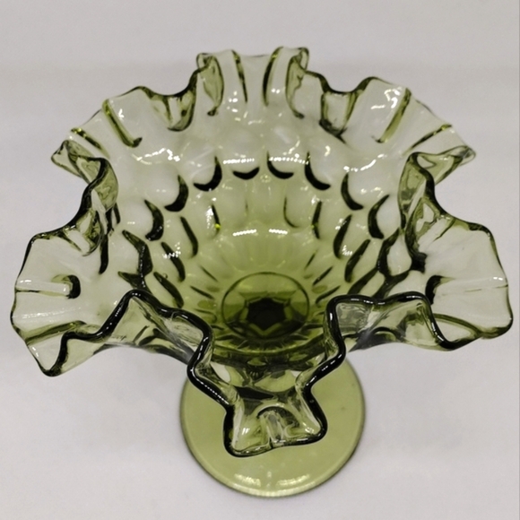 Vintage Fenton Colonial Green Thumbprint Ruffled Crimped Edged Compote - Picture 2 of 12